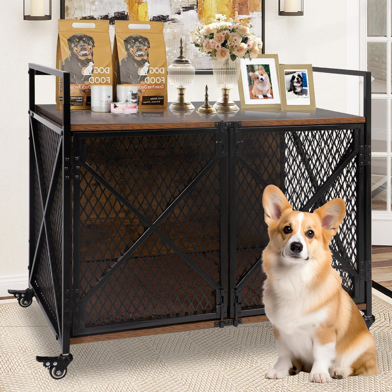 Rustic Wooden Dog Crate with Lockable Wheels