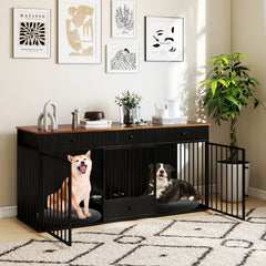Double Dog Crate Furniture with Drawers & Feeder