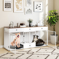 Double Dog Crate Furniture with Drawers & Feeder