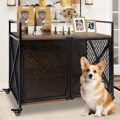 Rustic Wooden Dog Crate with Lockable Wheels